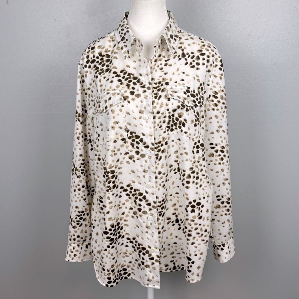 Chico’s white & brown animal spot print button front shirt, size 2 = large.
